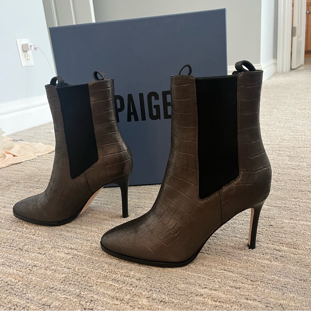 PAIGE Dark Croc-Embossed Heeled Boots